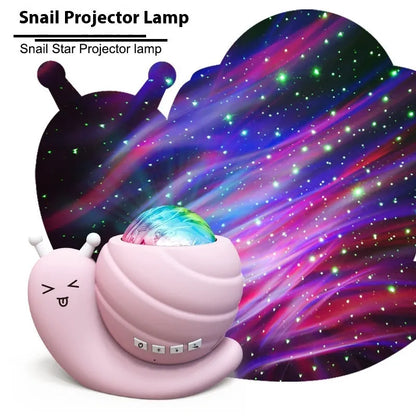 Snail-shaped blue starry sky projection lamp with USB cable and remote control on a table