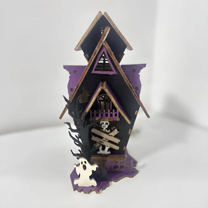 Wooden haunted house table decoration measuring 14x10.5x19cm with luminous finish and candlestick holder function