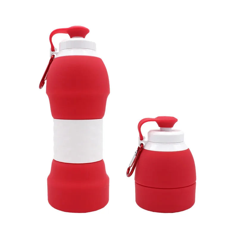 Blue silicone folding water bottle shown both extended and collapsed, next to a backpack.