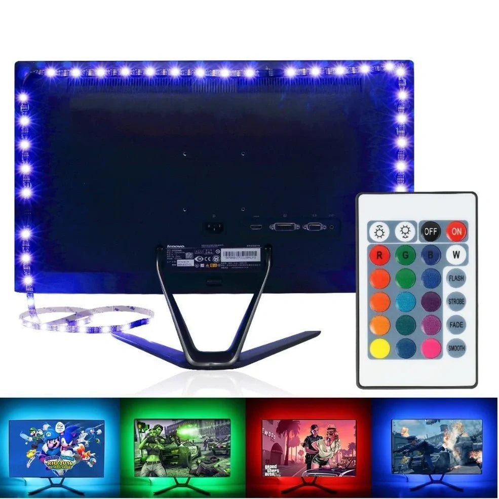 5 metre colour changing LED strip with remote control showing multiple colour options
