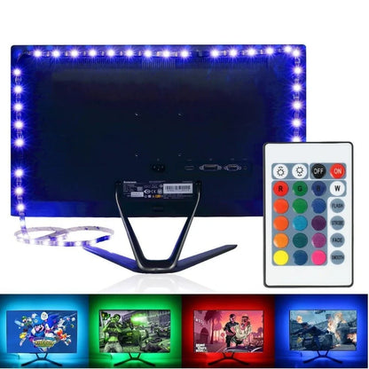 5 metre colour changing LED strip with remote control showing multiple colour options