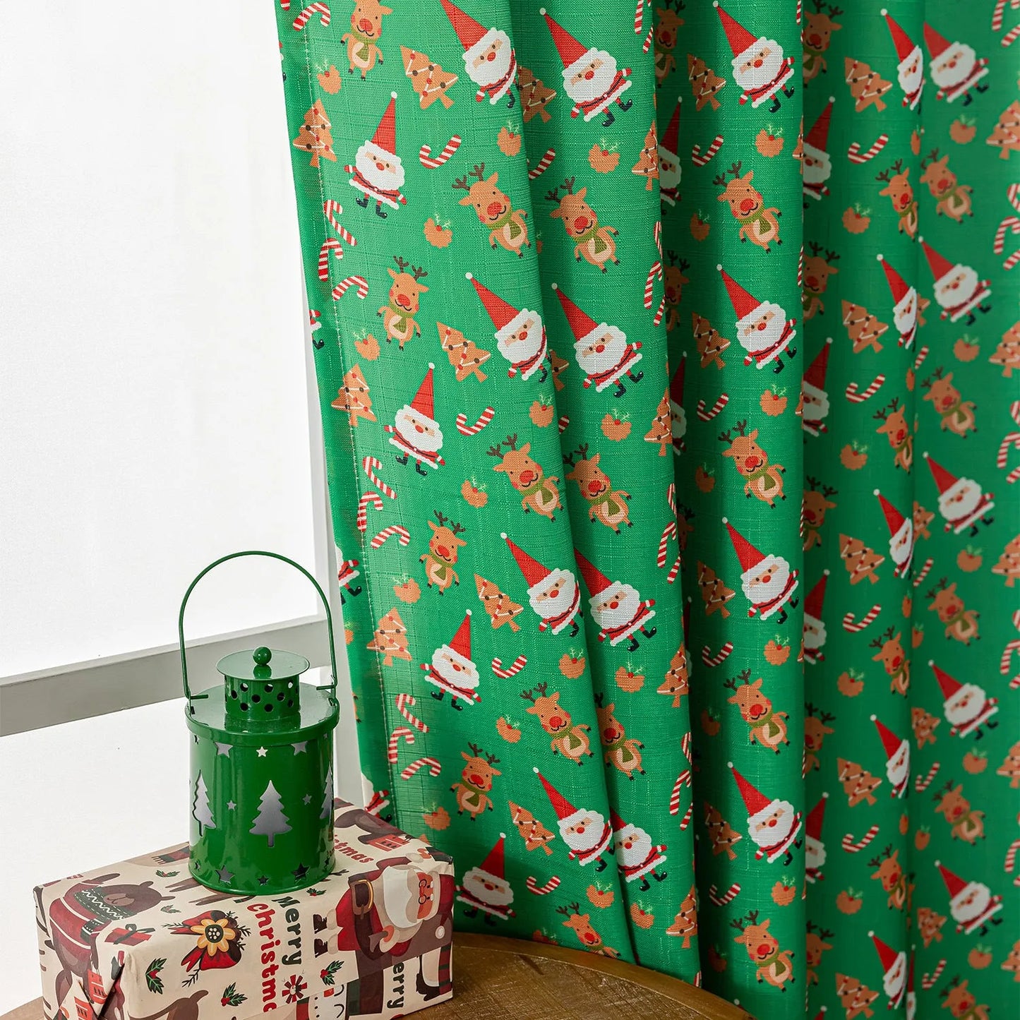 Christmas curtain with snowman and angel print in green or red, 1 metre length with semi-sun shade function