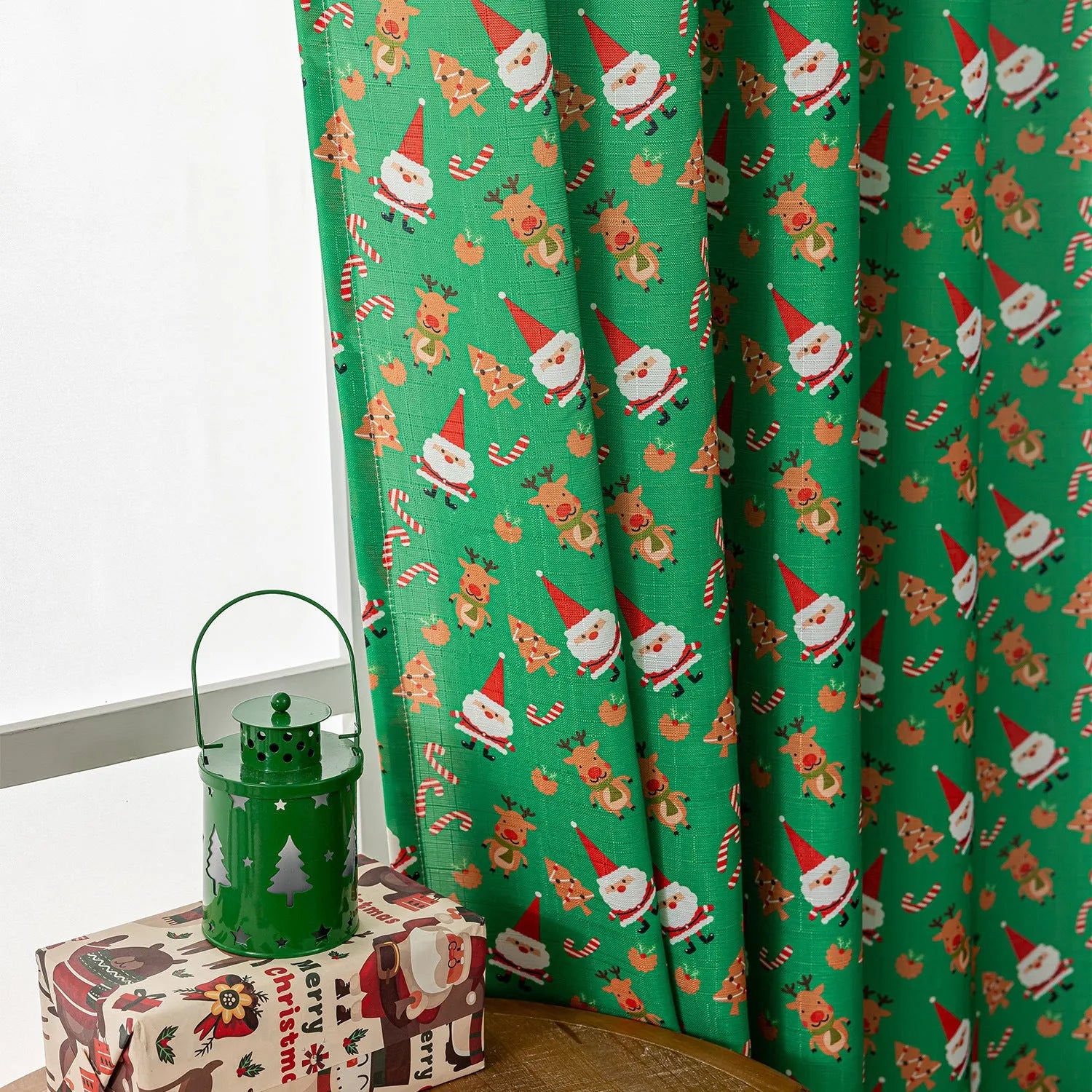 Christmas curtain with snowman and angel print in green or red, 1 metre length with semi-sun shade function