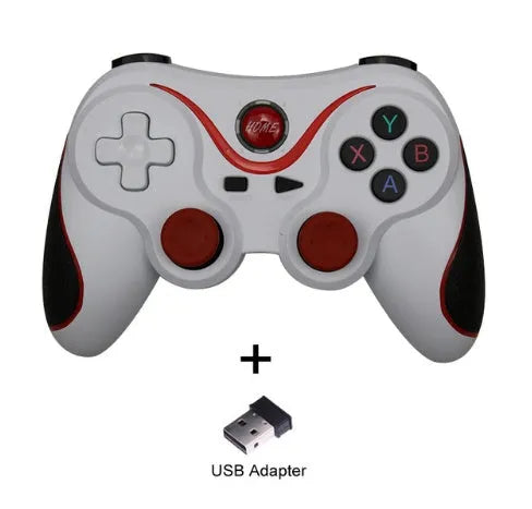 Upgraded X3 Bluetooth wireless game controller with mobile phone clip attached, showing textured grips and button layout