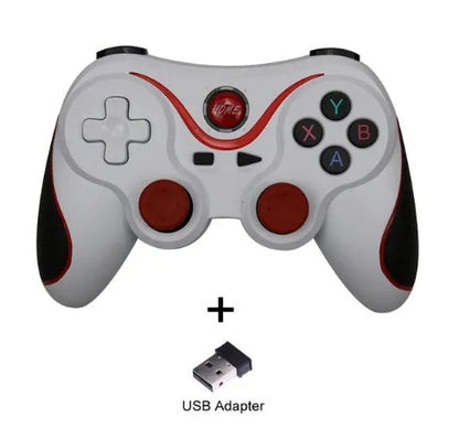 Upgraded X3 Bluetooth wireless game controller with mobile phone clip attached, showing textured grips and button layout