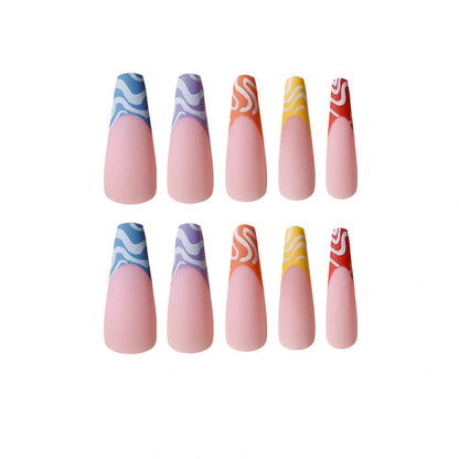 Rainbow Wave fake nails with iridescent wave pattern nail stickers showing colour shifting effects