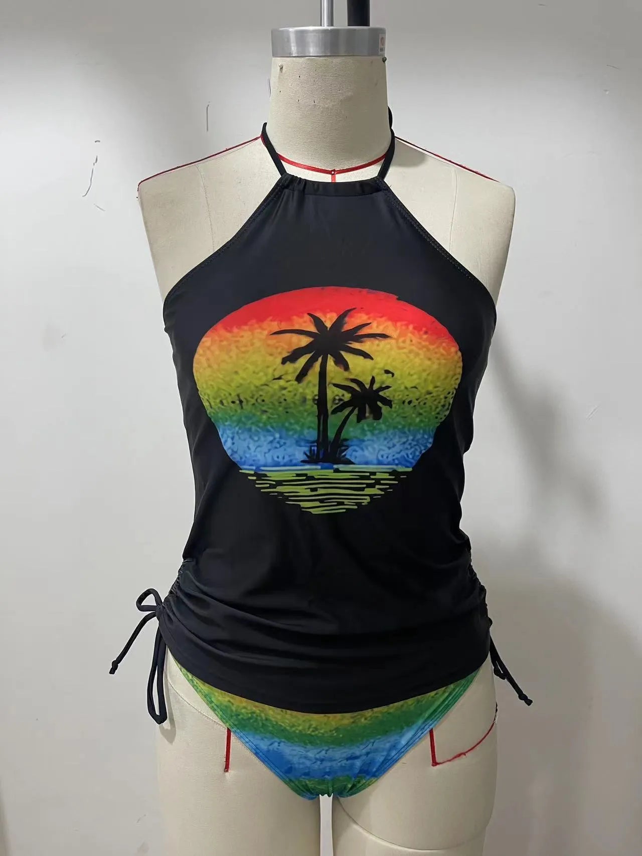 Colourful conservative women's swimsuit with cartoon printing and split brief design