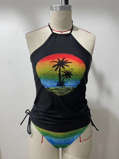 Colourful conservative women's swimsuit with cartoon printing and split brief design