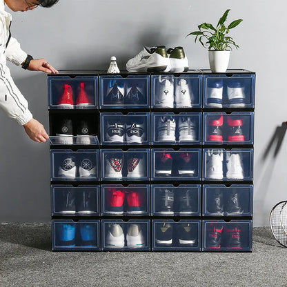 Foldable PP sneaker storage box with cover, internal size 32.5x23x17.5cm, black or transparent, stackable shoe organiser