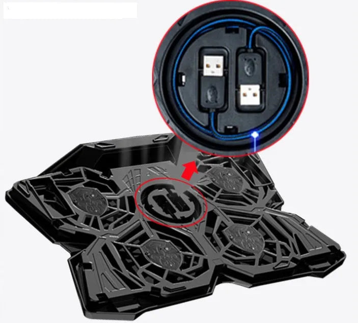 Blue laptop cooling base with four illuminated fans and USB ports for computer heat dissipation