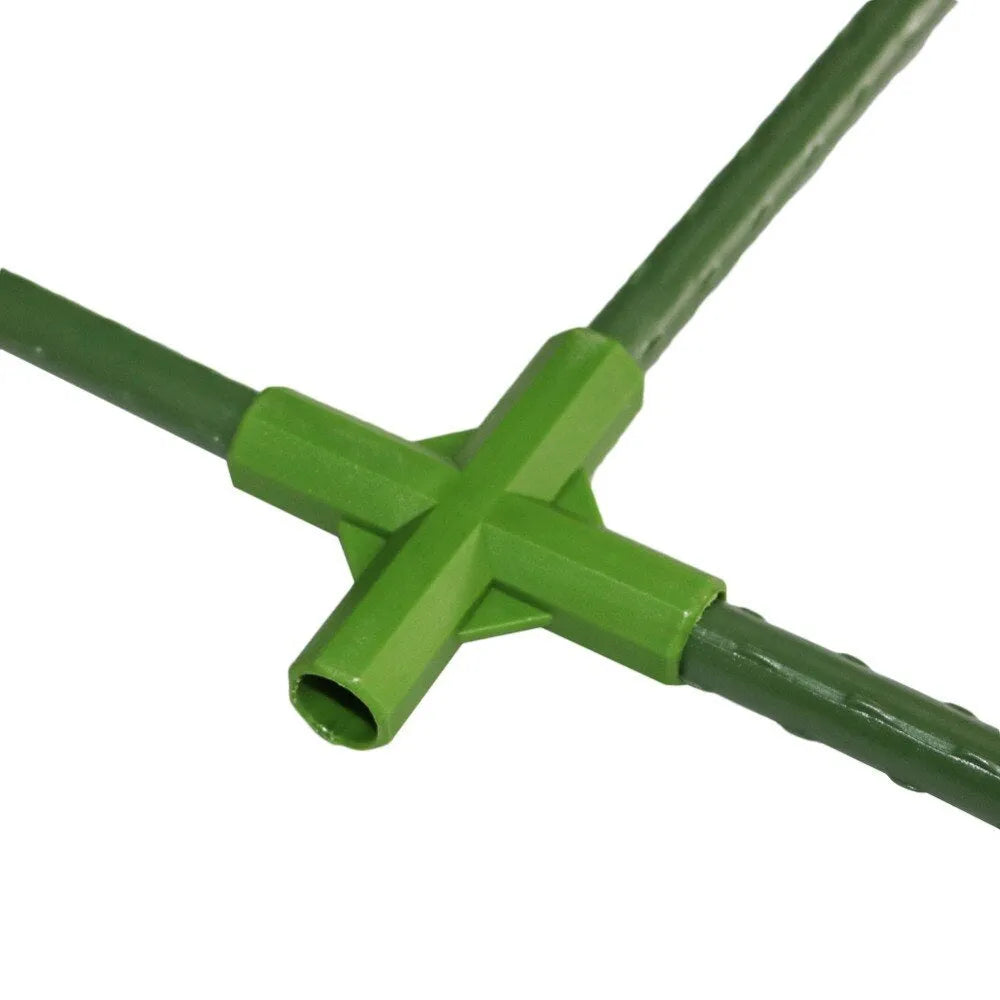 Two white PP plastic 3-way and 4-way plant support connector joints for 11mm garden stakes.
