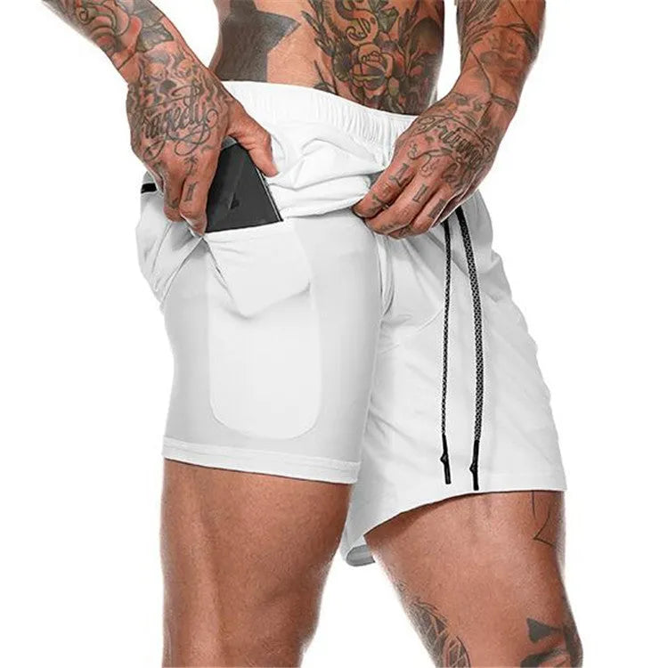 Pocket compression shorts in nylon, moisture-wicking and quick-drying, available in multiple colours and sizes S to 3XL.