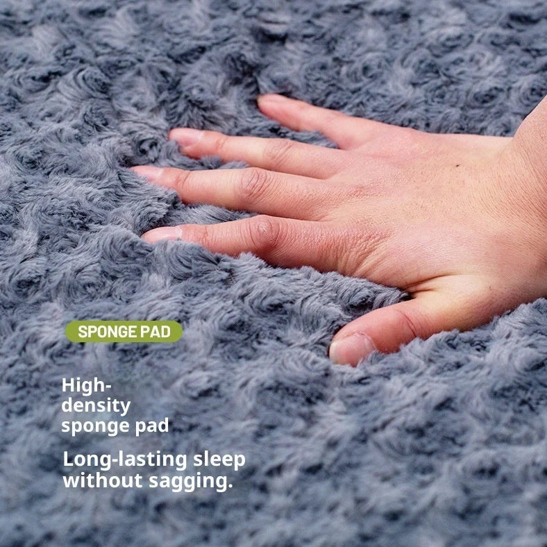 Dark grey dog mat with embossed velvet texture showing size comparison from 50×40cm to 120×75cm