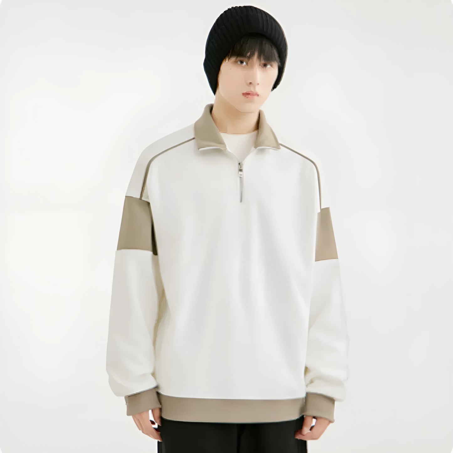 Men's hooded corduroy sweatshirt with drop shoulder design and loose lapels in beige colour