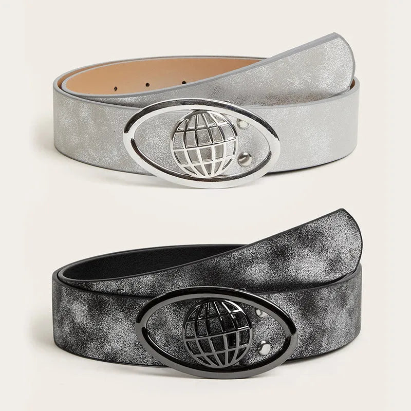 Women's retro PU leather belt with oval alloy buckle in thick over 4cm width, shown in grey white colour.