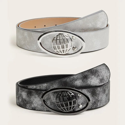 Women's retro PU leather belt with oval alloy buckle in thick over 4cm width, shown in grey white colour.