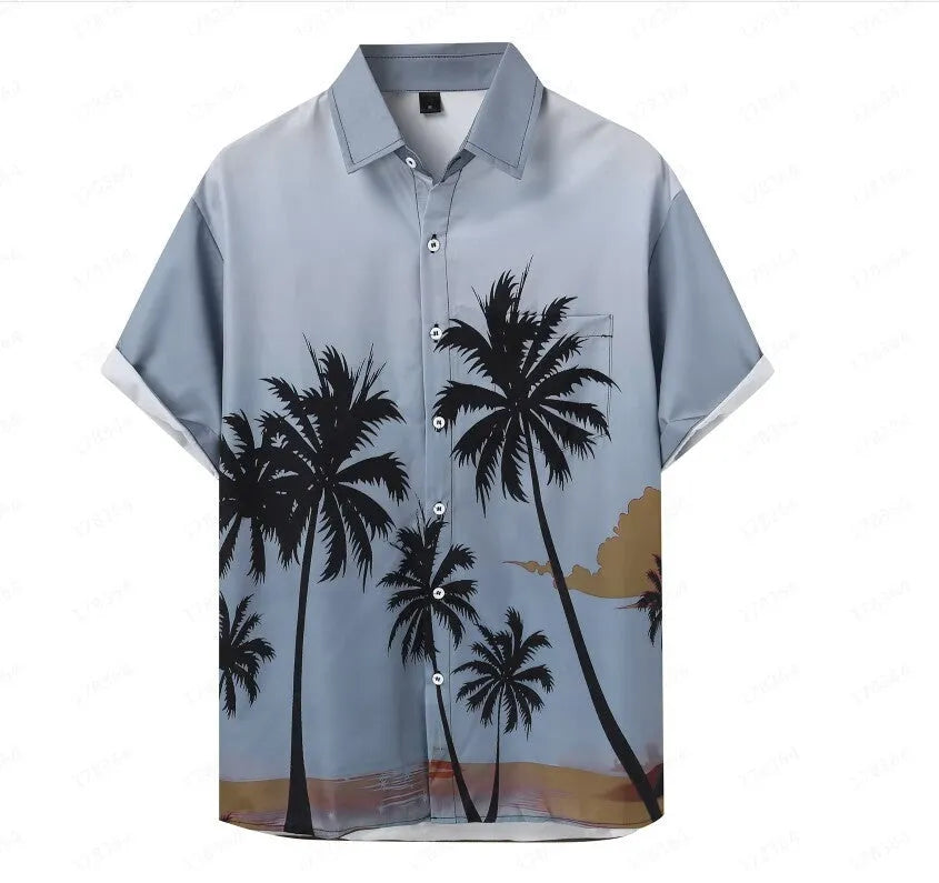 Men's short-sleeved Hawaiian shirt with 3D printed pattern, available in multiple colours and sizes including plus sizes.