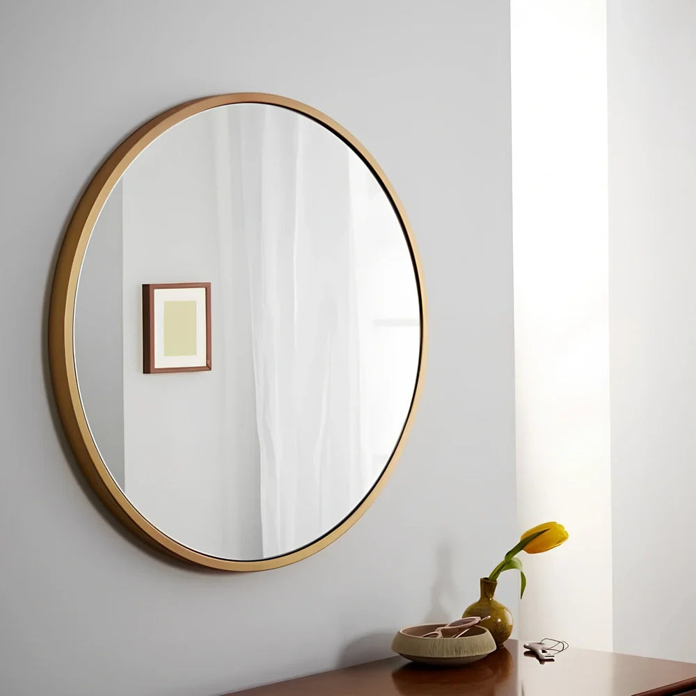 30cm round bathroom wall mirror with iron frame in black, white, or gold colour options