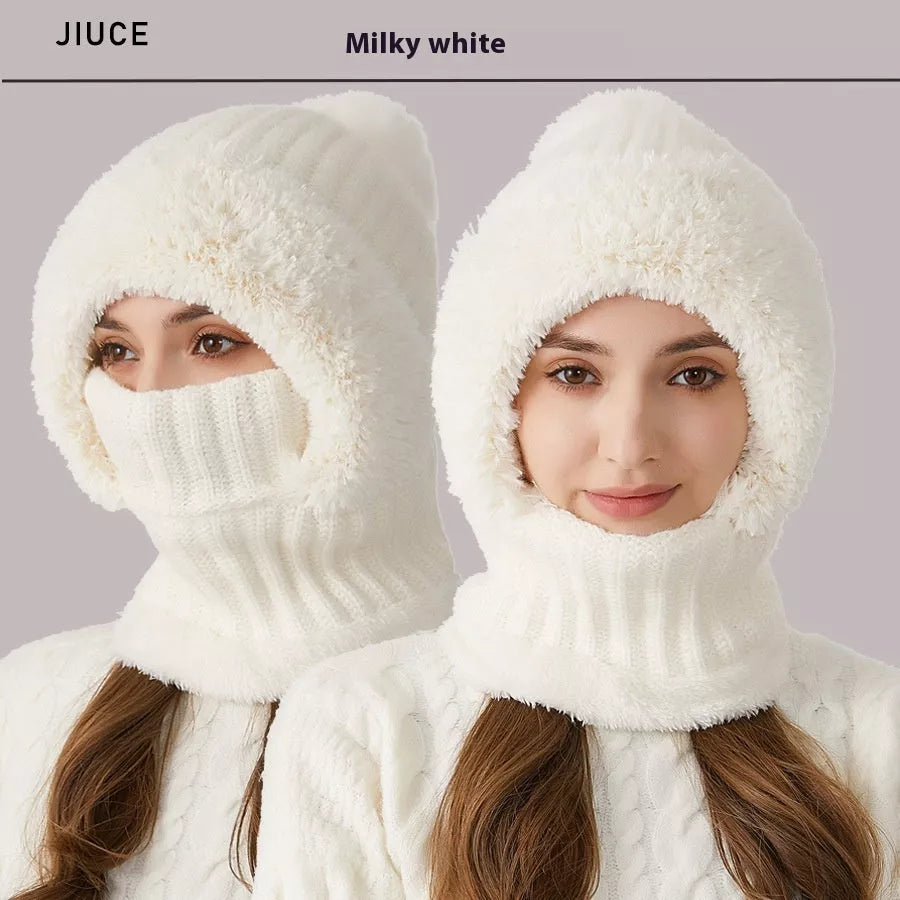 High elastic solid color knitted hat scarf mask one-piece for women in six colors