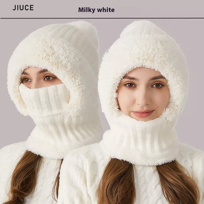 High elastic solid color knitted hat scarf mask one-piece for women in six colors