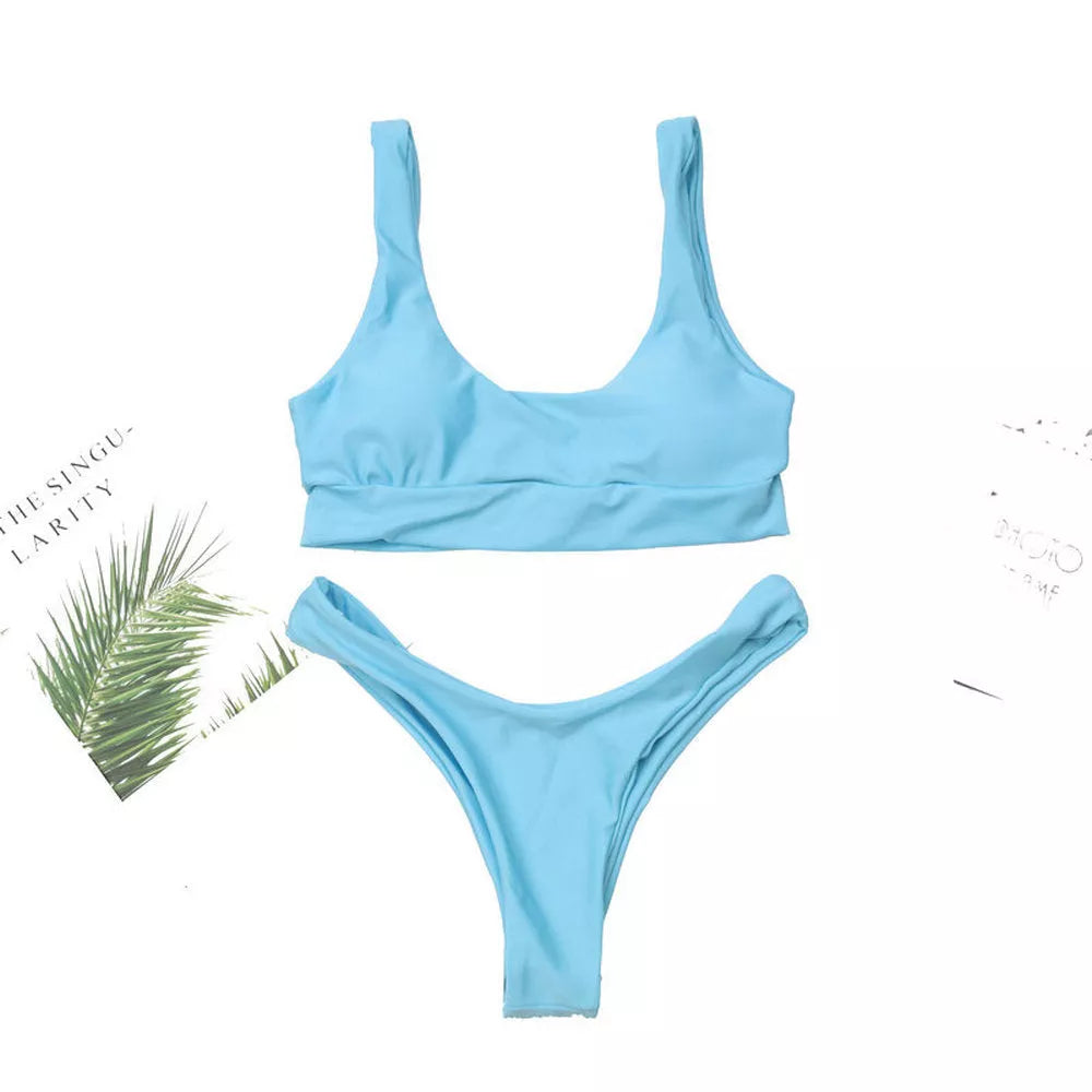 Sky blue polyester ladies swimsuit with sizes S, M, L available