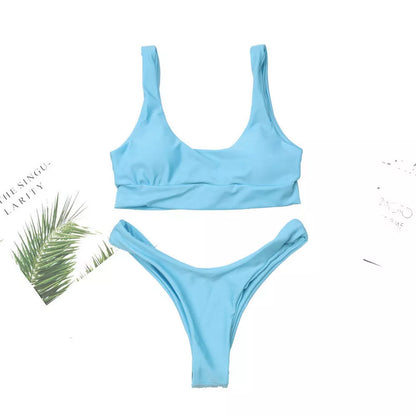 Sky blue polyester ladies swimsuit with sizes S, M, L available