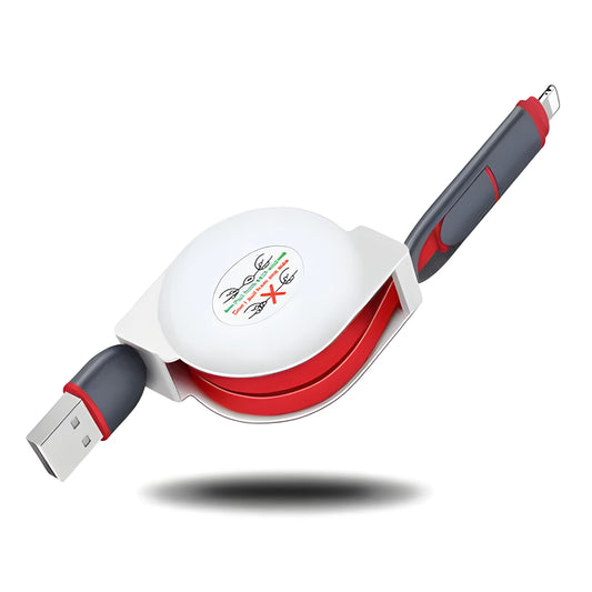 Black telescopic 3-in-1 charging cable extended to 120cm with three connector ends visible.