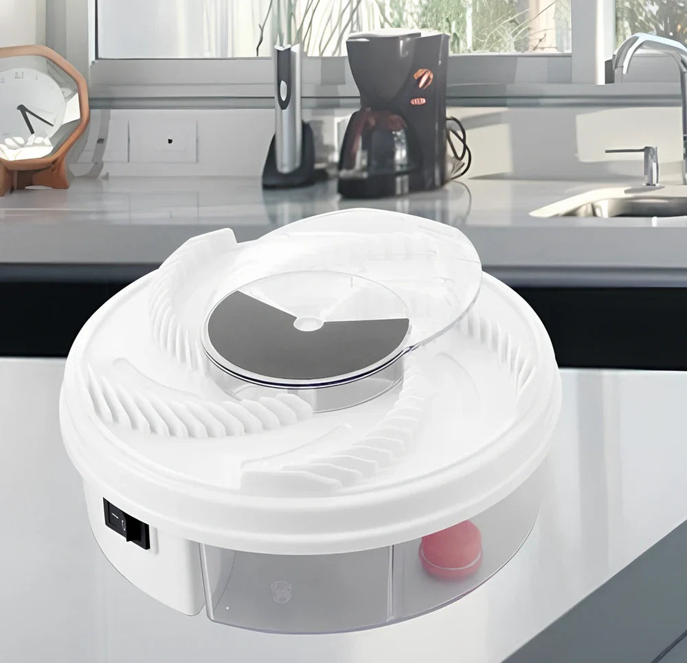USB electric fly trap in white with blue accents, showing five bait grooves and rotating capture plate for insect control