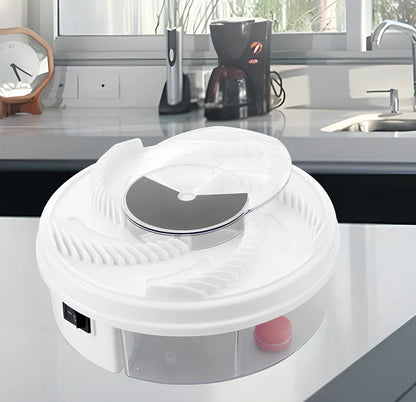 USB electric fly trap in white with blue accents, showing five bait grooves and rotating capture plate for insect control