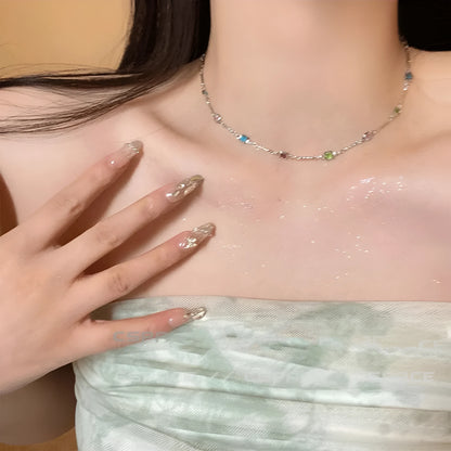 Square colour geometric clavicle chain necklace with artificial crystal pendant