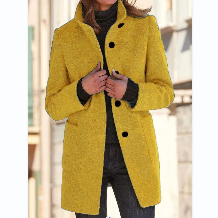 Fashionable woolen coat with stand collar, pockets, and button closure for women's fall and winter outerwear