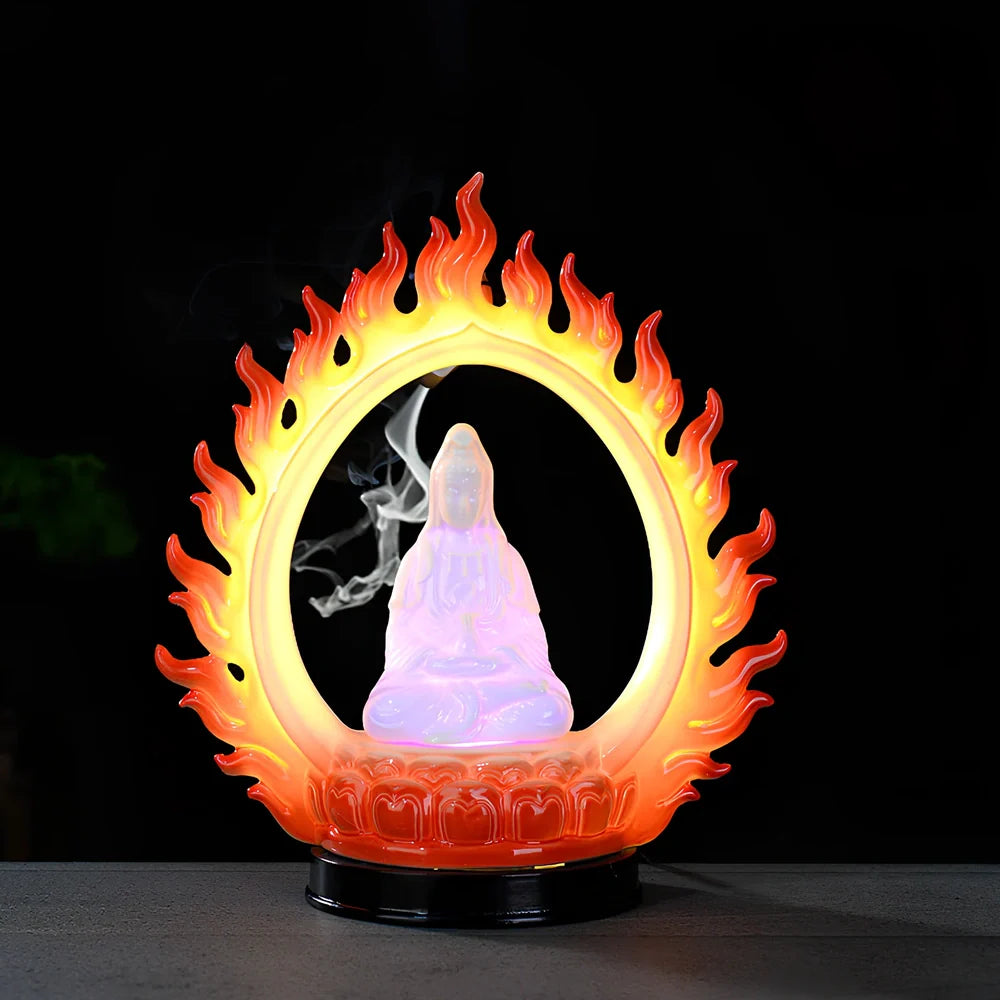 Purple sand tea pet backflow fragrance ornament with LED lighting creating cascading smoke effect
