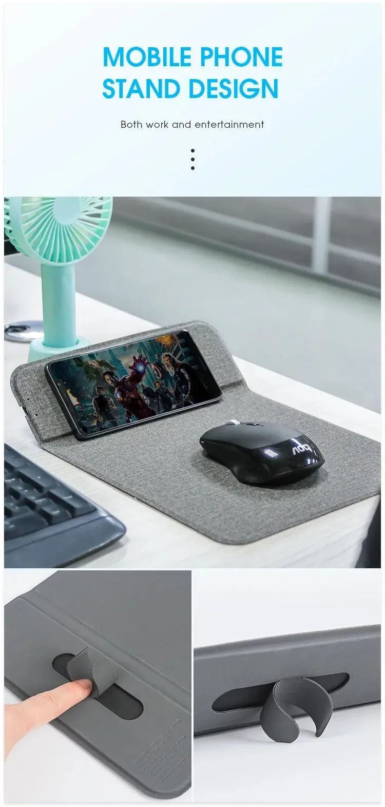 Foldable cloth wireless phone holder charging a smartphone, showing compact storage design