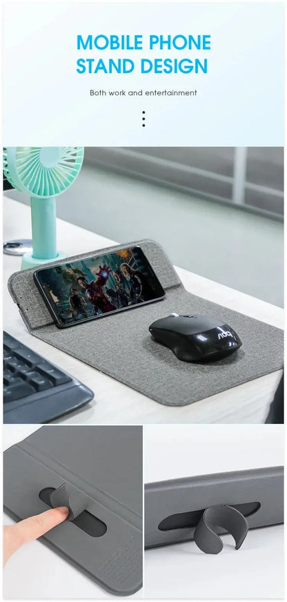 Foldable cloth wireless phone holder charging a smartphone, showing compact storage design