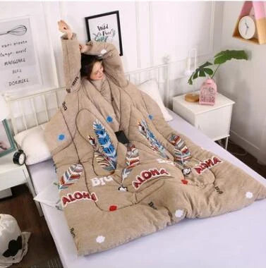 Cozy fleece blanket with sleeves in various colors, perfect for relaxing and enjoying indoor activities
