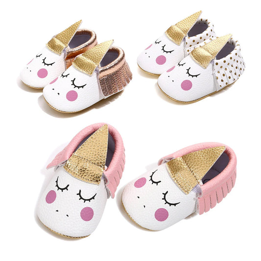Adorable unicorn-themed toddler shoes in various colors and sizes, featuring a premium synthetic leather construction and flexible soles for comfort and support.