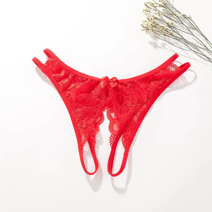 Women's lace thong panties with open crotch design in various colors