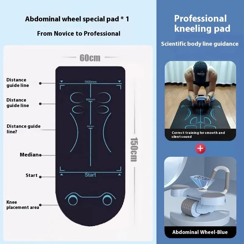 Abdominal wheel with elbow support in blue, showing automatic rebound mechanism and four-wheel design for fitness training