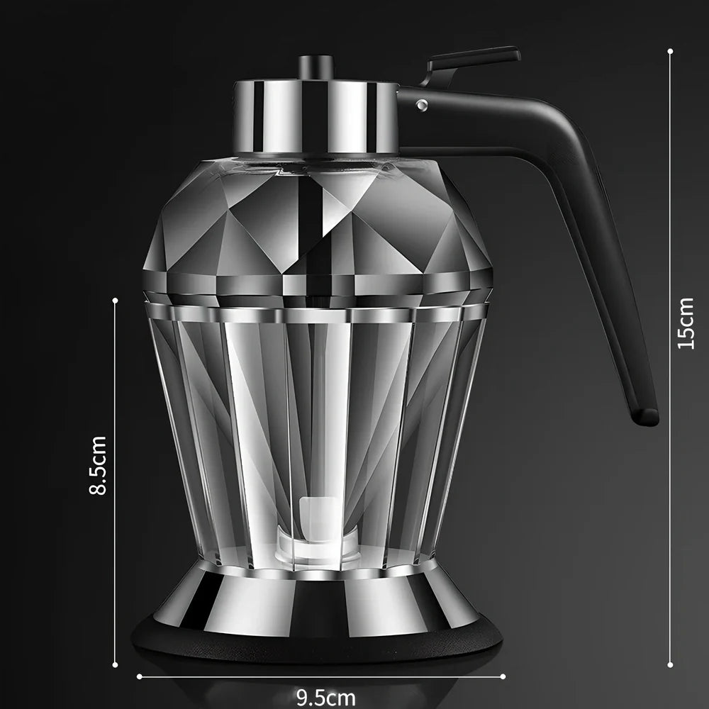 Diamond shaped glass oil dispenser with 200ml capacity and push-pour handle