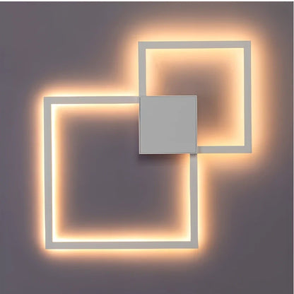 Square 35.3cm geometric LED wall light in white, iron frame with acrylic diffuser, 20W-24W output