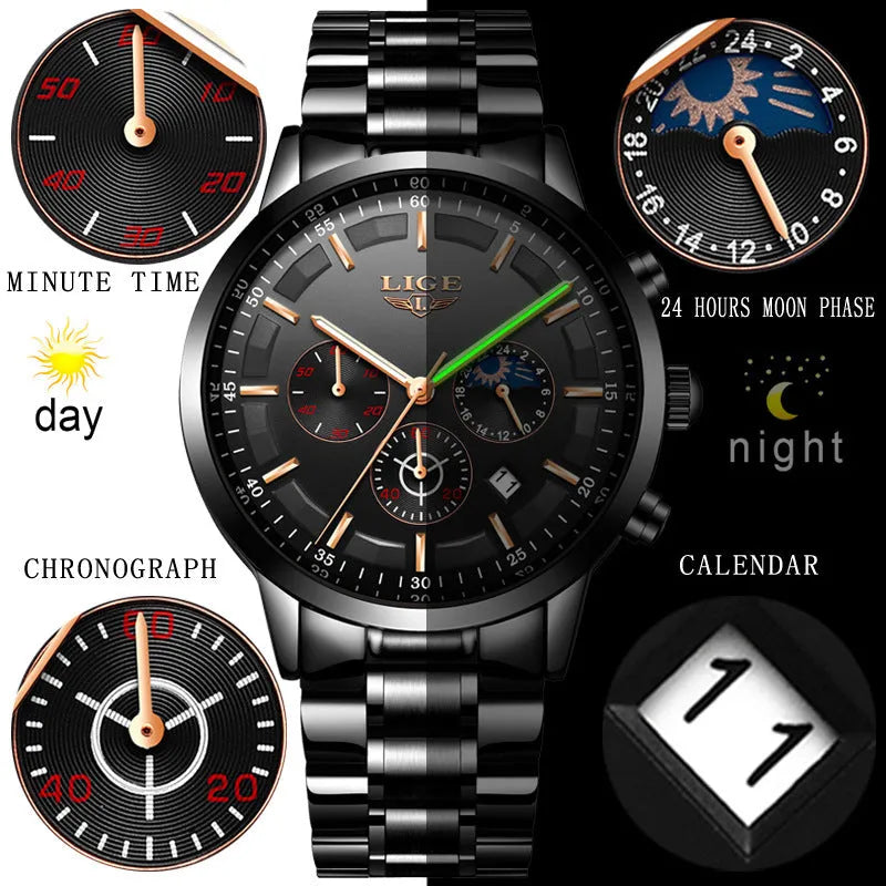 Men's waterproof quartz sports watch with moon display in black and rose red gold