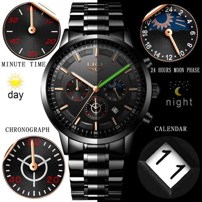 Men's waterproof quartz sports watch with moon display in black and rose red gold