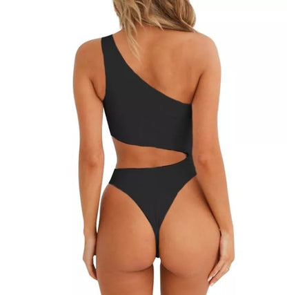 Women's single shoulder hollow waist one-piece swimsuit in solid colors