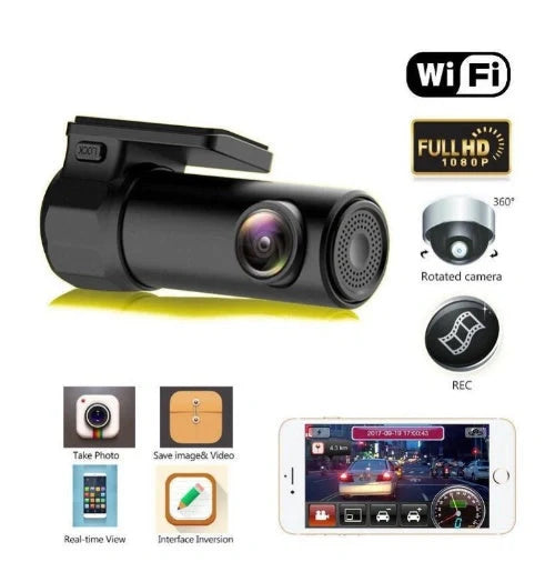 Mini WIFI Car DVR Camera in black with wireless app monitoring