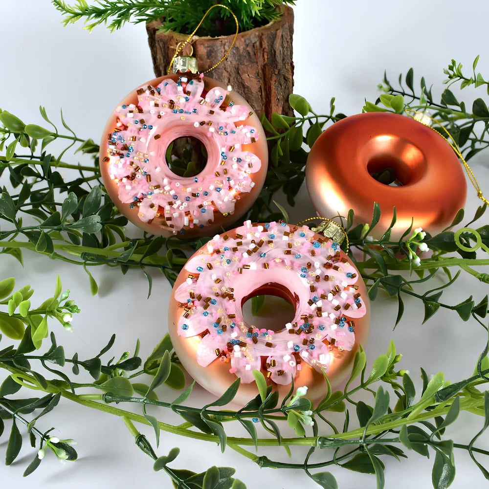 Glass Christmas pendants with 10cm donut and 13cm wine bottle designs in golden yellow and green colours