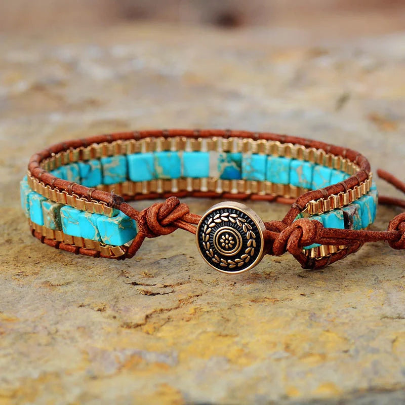 Handcrafted leather bracelet with a geometric pattern, showcasing a versatile and stylish accessory for any occasion.