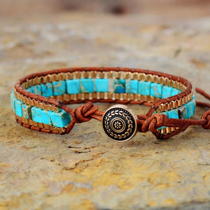 Handcrafted leather bracelet with a geometric pattern, showcasing a versatile and stylish accessory for any occasion.