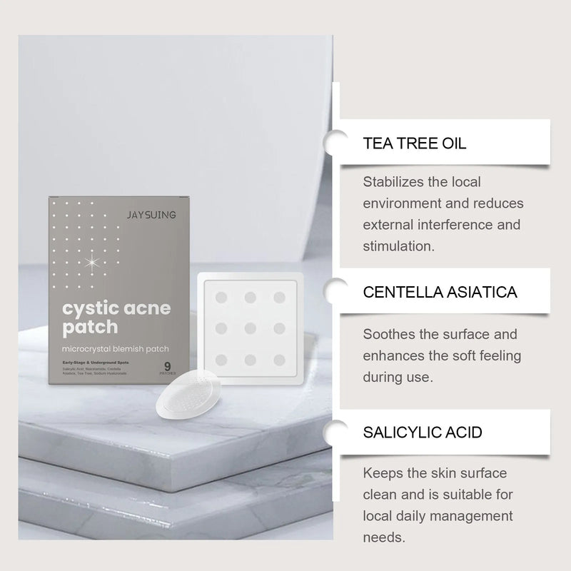 Acne Repair Microneedle Patches for spot treatment, containing tea tree oil and Centella asiatica extracts, a set of 9 transparent hydrocolloid stickers for applying directly to blemishes