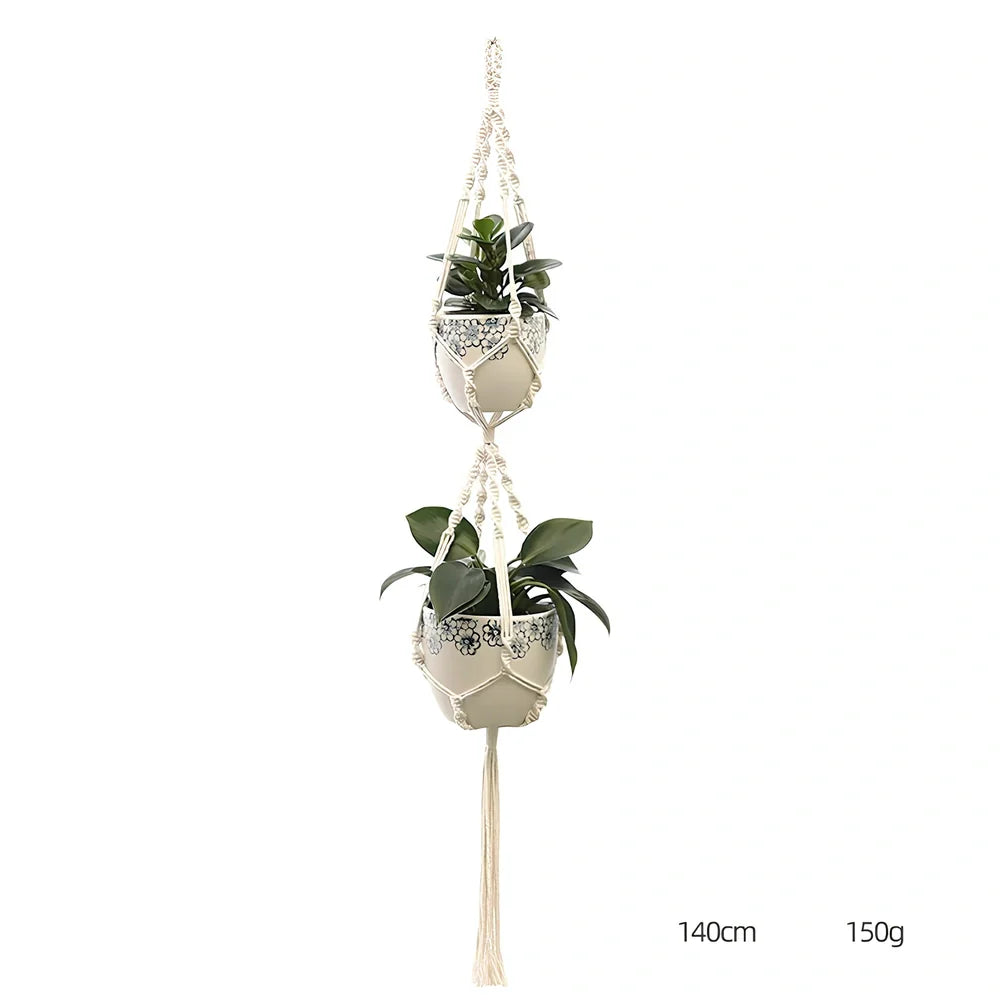 Hand-knitted cotton flowerpot net bag showing mesh pattern and hanging installation