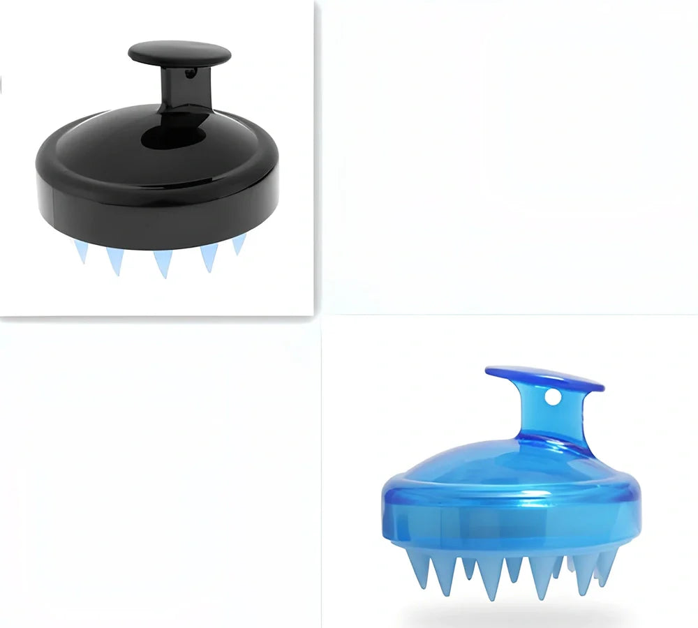 Black silicone shampoo brush with hook design measuring 8x8x7cm for scalp massage during hair washing